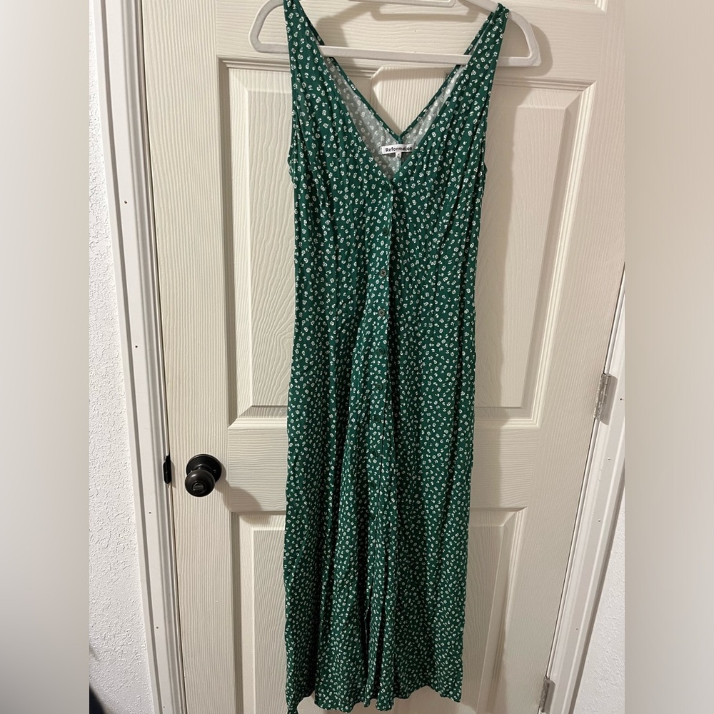 REFORMATION Women’s Locklin Green Floral Dress Midi Button-Up Tie-Back